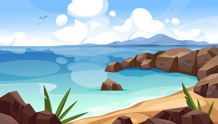 Sea or ocean landscape background. Vector rocky beach with waves and horizon, sky and cloud. Tranquil summer coastal scene. Shore for travel and vacation poster. Marine and nautical, nature seaside.のイラスト素材