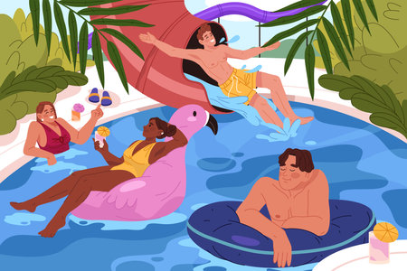 Water park or aquapark entertainment. Vector poster with character at pool using aqua slides and splash pool, floating ring, riding attraction. Summer recreation or holiday. Waterpark outdoor activityのイラスト素材