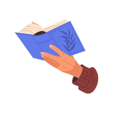 Hand holding paper book. Vector palm with hardcover opened literature. Element for reader information and content text, lesson or manual. Education and learning, reading. Symbol for college journal.のイラスト素材