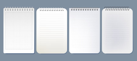 Realistic notebook page mockup. Vector spiral-bound paper for school and office, memo. Writing background for document or letter. Blank or empty journal note closeup. Education, documentation.のイラスト素材