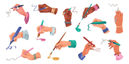 Set of vector hands holding pen or brush. Writing palm or color painting wrist. Manual write and artistic drawing. Element for painter creativity and handwriting, education and study. Calligraphy iconのイラスト素材