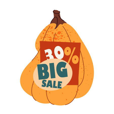 Halloween sale label or autumn promo sticker. Vector tag for price discount and special offer with percentage. Fall advertising and marketing badge. Seasonal event or holiday sign with pumpkin.のイラスト素材
