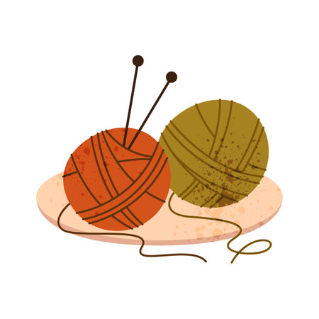 Yarn ball and knitting thread. Vector textile supplies icon. Sewing roll and crocheting, handmade fabric crafting and stitching symbol. Domestic tailoring and weave embroidery. Needlework string.のイラスト素材