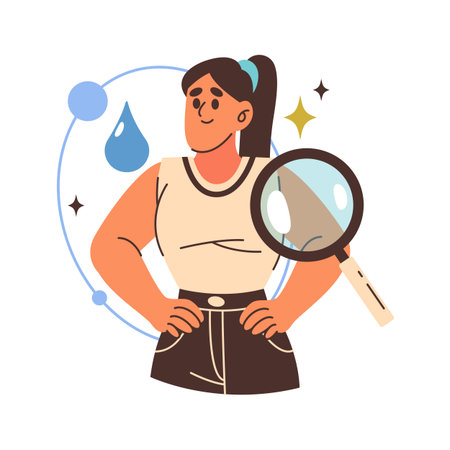 Healthy woman as water quality vector icon. Illustration of hydration and vitality, fitness and energy. Clean liquid refreshment and H2O quality, aqua purity for beauty and skin. Female drinking.のイラスト素材