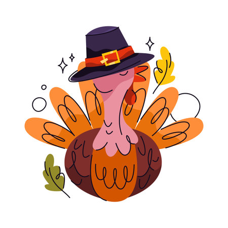 Festive thanksgiving turkey in pilgrim hat. Vector bird character for autumn or fall holiday celebration. Greeting or invitation card element for seasonal. Bird or poultry for feast. Mascot animal.のイラスト素材