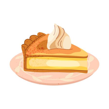 Decadent cheesecake slice with cream. Vector creamy gourmet dessert or restaurant, cafe served sweets. Homemade food or pastry, bakery portion. Cheese cake confectionery. Holiday celebration theme.のイラスト素材