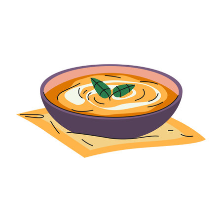 Pumpkin soup in bowl or vegetarian food. Vector autumn dish or seasonal harvest meal. Restaurant and cafe menu icon. Sign for vegan nutrition. Cuisine appetizer. Gourmet and gastronomy, cooking sign.のイラスト素材