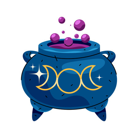 Magic cauldron or witch boiling pot. Vector alchemist occult vessel for ceremony or ritual. Spell or potion, elixir cooking element. Witchcraft and alchemy, folklore icon. Halloween and sorcery tripodのイラスト素材