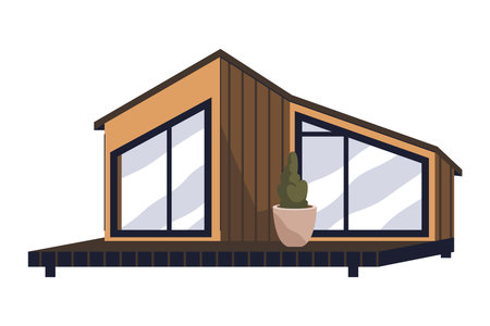 Modular house or vector construction. Modern prefabricated building with detachable sections. Portable architecture exterior. Mobile home and smart housing, sustainable living. Dwelling, eco property.のイラスト素材