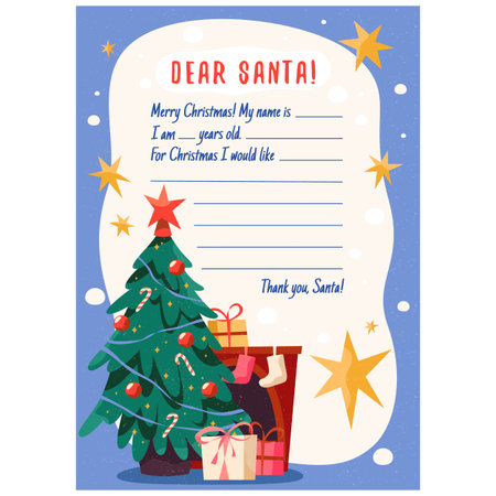 Santa Claus letter template. Vector Christmas mail or kid wish list. Holiday greeting and festive message to north pole. Winter merry Xmas writing. Paper page with present or gift request. Wonder.のイラスト素材