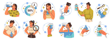 Set of water daily routine and drinking icons. Vector fluid consumption and drink infographic elements. Hydration and healthcare, drink balance and nutrition habit, healthy lifestyle sign. H2O liquid.のイラスト素材