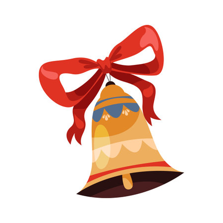 Christmas bell isolated. Vector icon of winter holiday element or seasonal festive symbol. Jingle bell with bow or ribbon. Retro or vintage merry Xmas sign. Advent and Santa ornament. Greeting card.のイラスト素材
