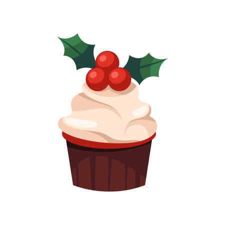Vector Christmas cake or winter holiday dessert. Sweet pastry with fruit or bakery with berry and icing. New year and Xmas celebration icon for greeting card. Culinary, gastronomy for seasonal festiveのイラスト素材