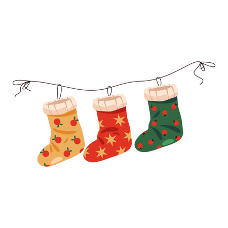 Vector Christmas socks hang on rope. Festive knitted stockings as holiday decoration for gift and...