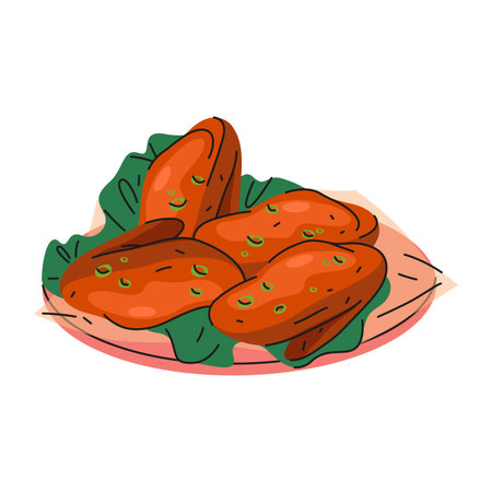 Buffalo wings meal. Vector spicy chicken food or pub meat snack, fried appetizer or poultry platter served as American fast food. Marinated dish for barbecue. Dinner or lunch culinary. Grilled cuisineのイラスト素材