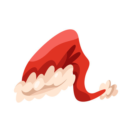 Vector Santa cap or New Year hat, Christmas headwear. Xmas red apparel with trim and pompom. Winter festive or seasonal holiday clothing accessory. December party outfit element. Festival costume signのイラスト素材