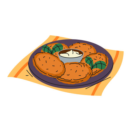 Hash brown or fried potato pancake. Vector meal or Ukrainian dish. Breakfast or brunch, dinner nutrient. Culinary crispy snack. Rustic homemade cuisine or oily crunchy food. Gastronomy or cooking signのイラスト素材