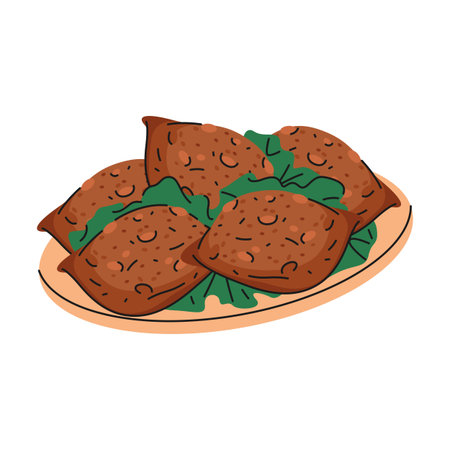 Arabian Kubba meal or kibbeh food. Vector middle east meal of bulgur and meat ball, stuffed croquette. Asian fried or baked appetizer. Gastronomy and nutrition, cooking element. Mezze eating plate.のイラスト素材