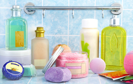 Accessories to a bathroom on a blue background