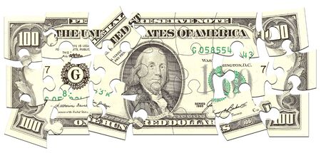 dollar made of puzzles over white backgroundの写真素材