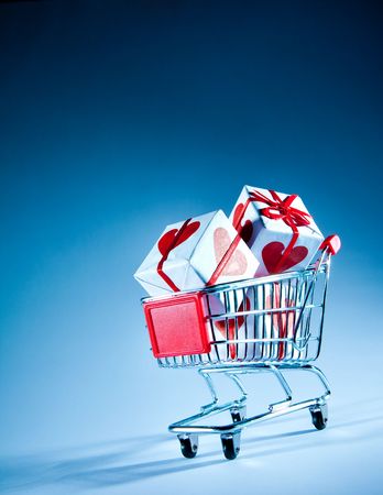 Empty shopping cart on the blueの写真素材