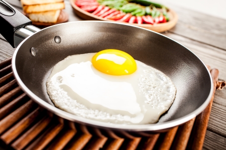 Fried eggs on a wooden table, breakfastの写真素材