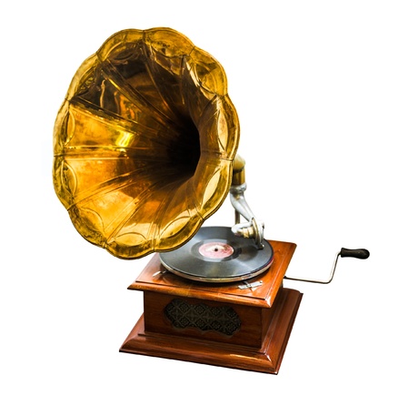 wooden vintage antique old gramophone on white backgroundの写真素材