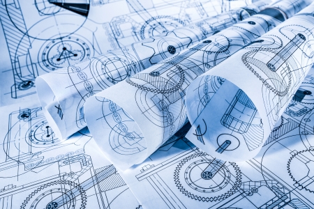 Technical drawings in a blue toningの写真素材