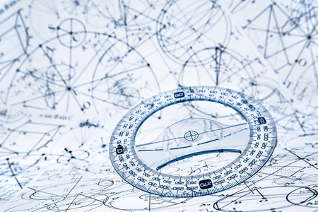 Protractor on the background of mathematical formulas and algorithmsの写真素材