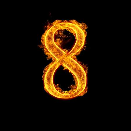 Fire alphabet number 8 eight isolated on black background.の写真素材
