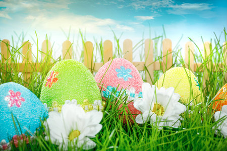 Decorated easter eggs in the grass on blue sky background