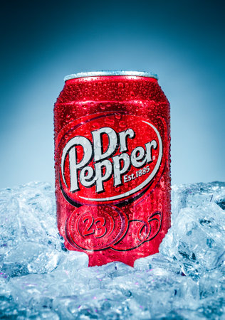 MOSCOW, RUSSIA-APRIL 4, 2014: Can of Dr Pepper soft drink on ice. Dr Pepper is a soft drink marketed...