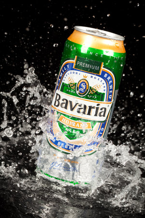 MOSCOW, RUSSIA-APRIL 4, 2014: Can of Bavaria Beer. Bavaria is the second largest brewery in the Netherlands. Founded in 1719 by Laurentius Moorees, it is currently owned by the Swinkels family.のeditorial素材