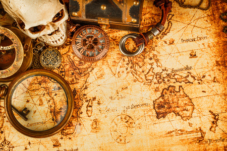 Vintage grunge still life. Vintage items on ancient map.の写真素材