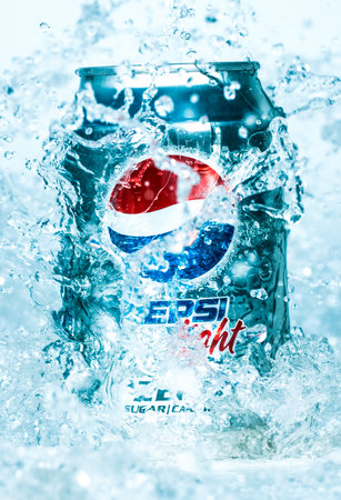 MOSCOW, RUSSIA-APRIL 4, 2014: Can of Pepsi cola Lignt in water.Pepsi is a carbonated soft drink that is produced and manufactured by PepsiCo. Created and developed in 1893.のeditorial素材