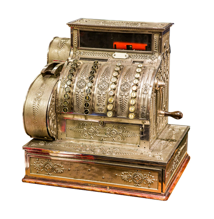 Vintage old cash register isolated on white backgroundの写真素材