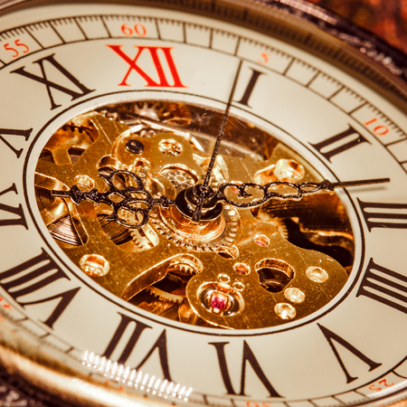 Antique clock dial close-up. Vintage pocket watch.
