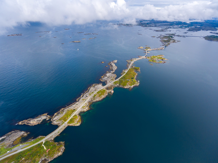 Atlantic Ocean Road or the Atlantic Road (Atlanterhavsveien) been awarded the title as "Norwegian Construction of the Century". The road classified as a National Tourist Route. Aerial photographyの写真素材