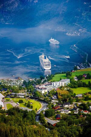 Geiranger fjord, Beautiful Nature Norway. It is a 15-kilometre (9.3 mi) long branch off of the Sunnylvsfjorden, which is a branch off of the Storfjorden (Great Fjord).の写真素材