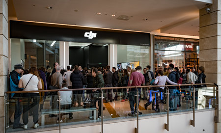 MOSCOW RUSSIA:01 APR 2017 - DJI Quadcopter Drone store opening ceremony in Moscow. DJI is the leading company in the civilian-drone industry. It manufactures also gimbals, cameras, camera stabilizers.のeditorial素材