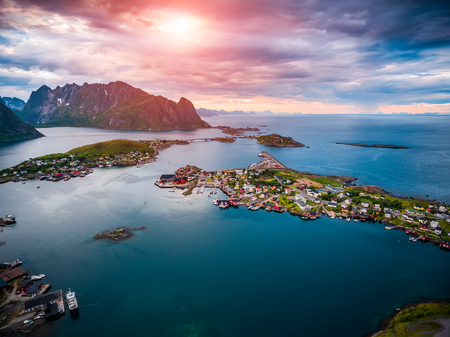 Lofoten islands is an archipelago aerial photography., Norway. Is known for a distinctive scenery with dramatic mountains and peaks, open sea and sheltered bays, beaches and untouched lands.の写真素材