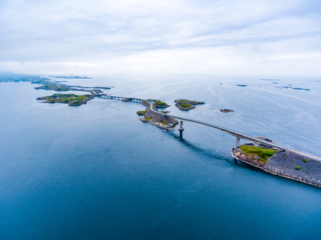 Atlantic Ocean Road or the Atlantic Road (Atlanterhavsveien) been awarded the title as "Norwegian Construction of the Century". The road classified as a National Tourist Route. Aerial photographyの写真素材