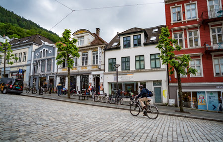 BERGEN, NORWAY - JUNE 15,2017: Bergen is a city and municipality in Hordaland on the west coast of Norway.The Central street of Bergen in Norway a historic building in Bergenのeditorial素材