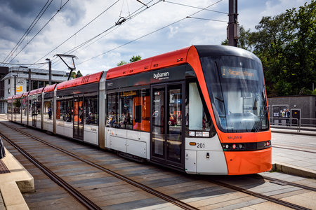 BERGEN, NORWAY - JUNE 15,2017: Bergen Light Rail Bybanen . The line of the Bergen tram received the 2011 award as the best in the world.のeditorial素材
