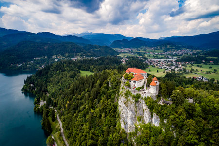 Slovenia - Aerial view resort Lake Bled. Aerial FPV drone photography. Slovenia Beautiful Nature Castle Bled.のeditorial素材
