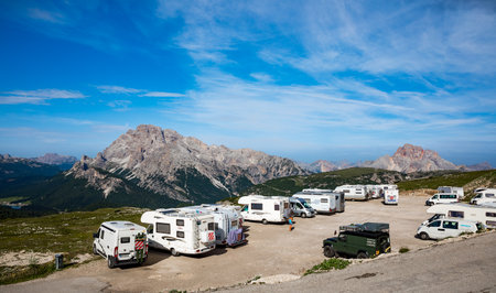 ITALY, Park Tre Cime: JULY 9, 2017: Viewing platform for motorhomes VR in National Nature Park Tre Cime In the Dolomites Alps. Beautiful nature of Italy.のeditorial素材