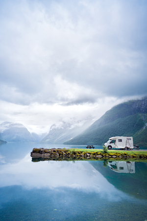 Family vacation travel RV, holiday trip in motorhome, Caravan car Vacation. Beautiful Nature Norway natural landscape.の写真素材