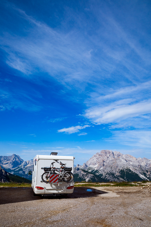 Family vacation travel, holiday trip in motorhome, VR Caravan car Vacation. Beautiful Nature Italy natural landscape Alps. National Nature Park Tre Cime In the Dolomitesの写真素材