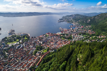 Bergen is a city and municipality in Hordaland on the west coast of Norway. Bergen is the second-largest city in Norway. The view from the height of bird flight. Aerial FPV drone flights.の写真素材