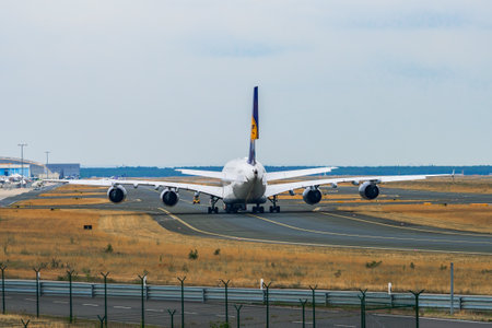 AIRPORT FRANKFURT,GERMANY: JUNE 23, 2017: Airbus A380 LUFTHANSA. Lufthansa, is the largest German airline and, when combined with its subsidiaries, also the largest airline in Europeのeditorial素材